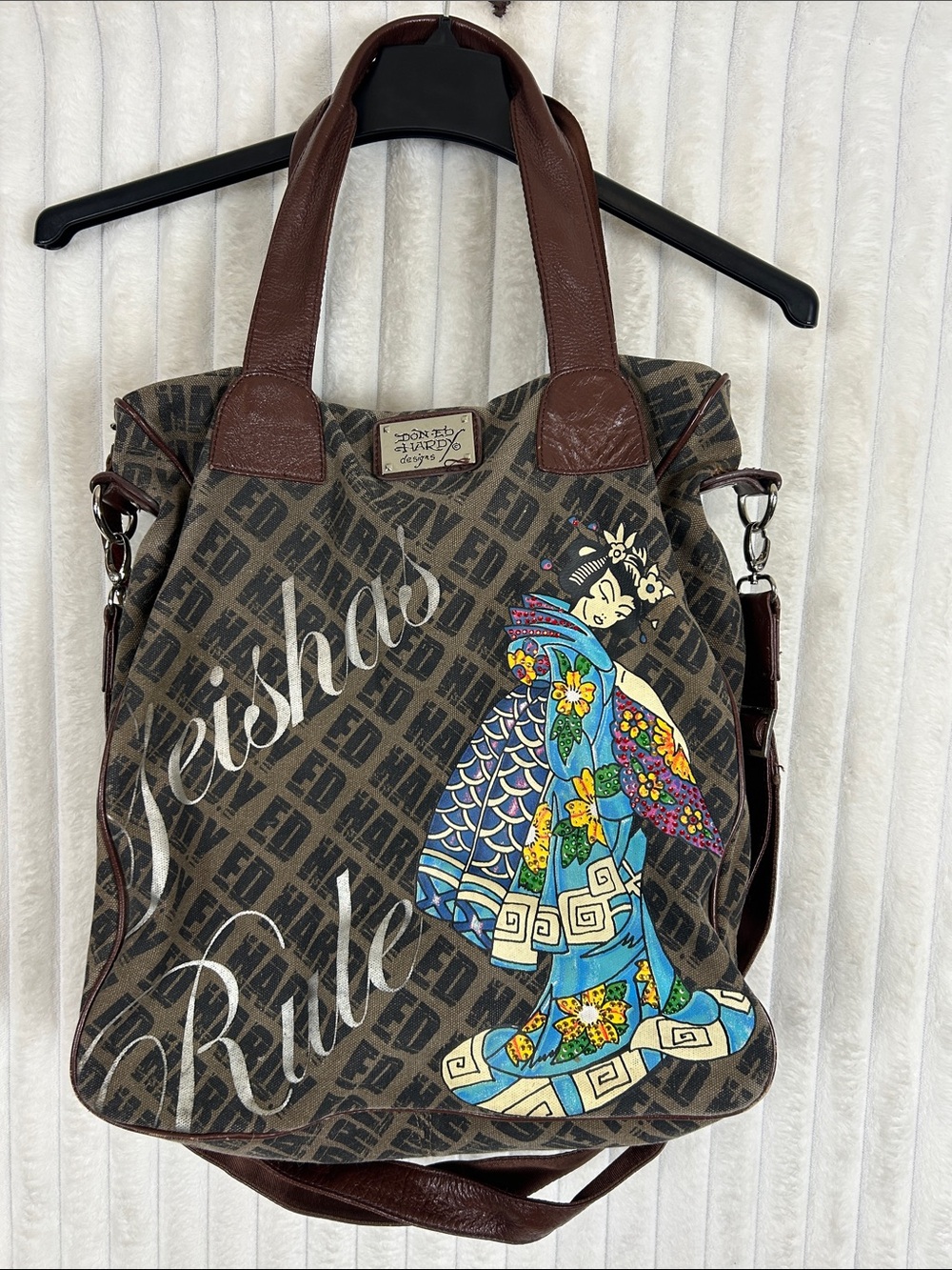 Y2K Ed Hardy Geishas Rule brown canvas large Bucket Tote Purse leather strap